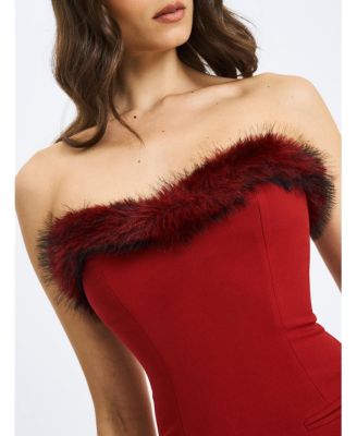 Women's Nalia Crimson Fur Trimmed Sweetheart Mini Dress