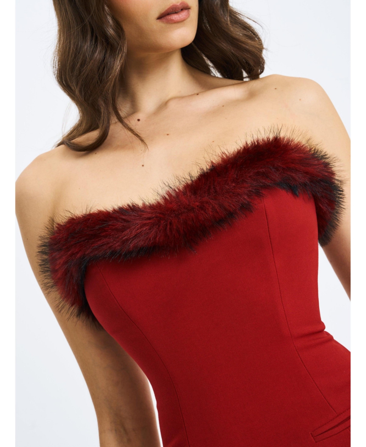 Miss Circle Women's Nalia Crimson Fur Trimmed Sweetheart Mini Dress