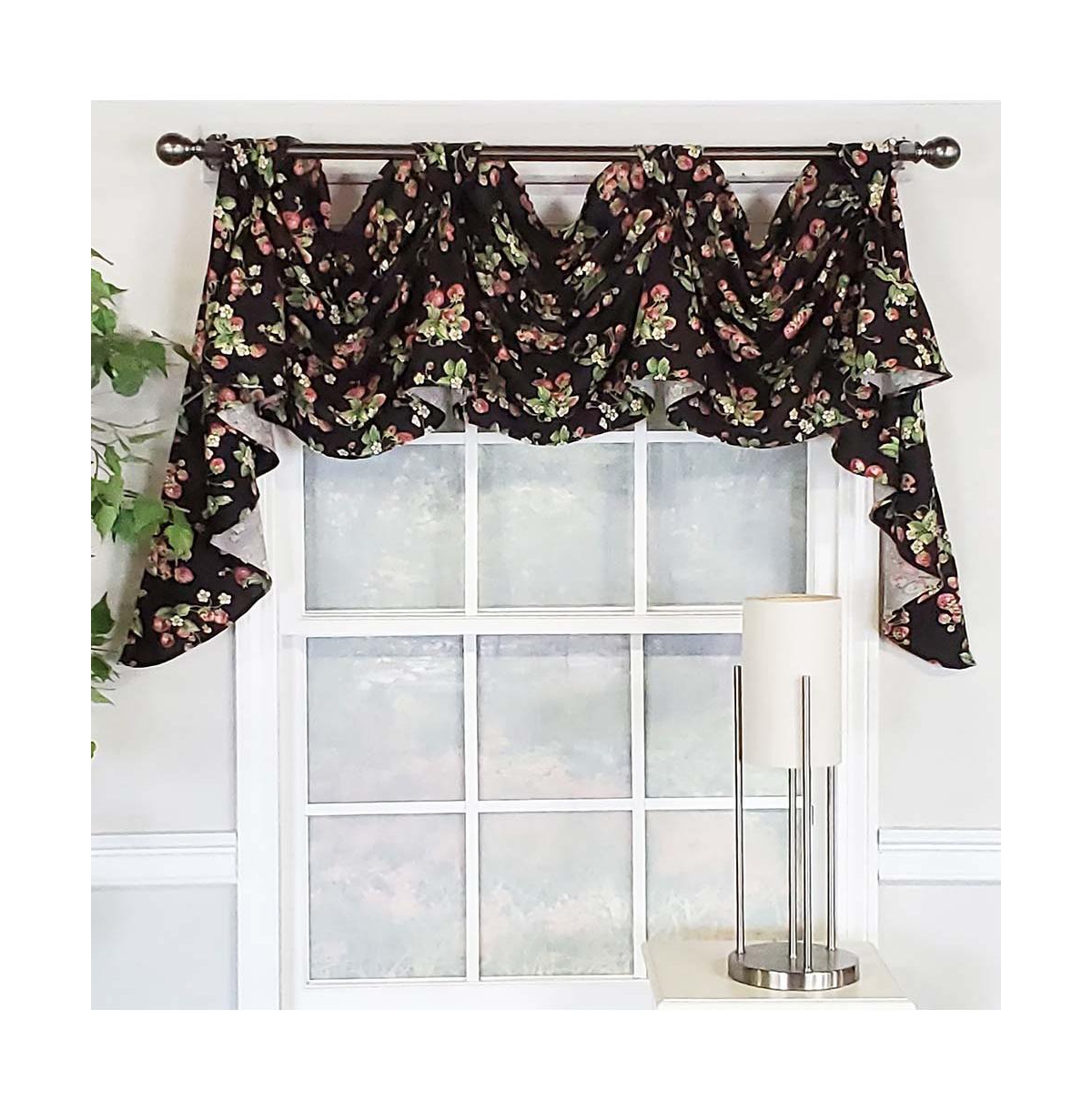 Rlf Home Strawberry Fields 3-Scoop Victory Swag for your Your Home Decor 4" Top Tabs Center 25" Tails 50" x 18" Black