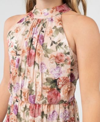 Girls' 7-16 Halter Neck Printed Burnout Chiffon Maxi Dress