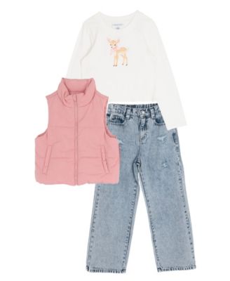 Girls' 7-16 Puffer Vest, Graphic T-Shirt and Distressed Jeans, 3-Piece Set