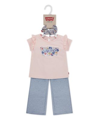 Girls' Toddler 2T-4T Ruffle Shoulder Top, Pants, and Scrunchie, 3-Piece Set