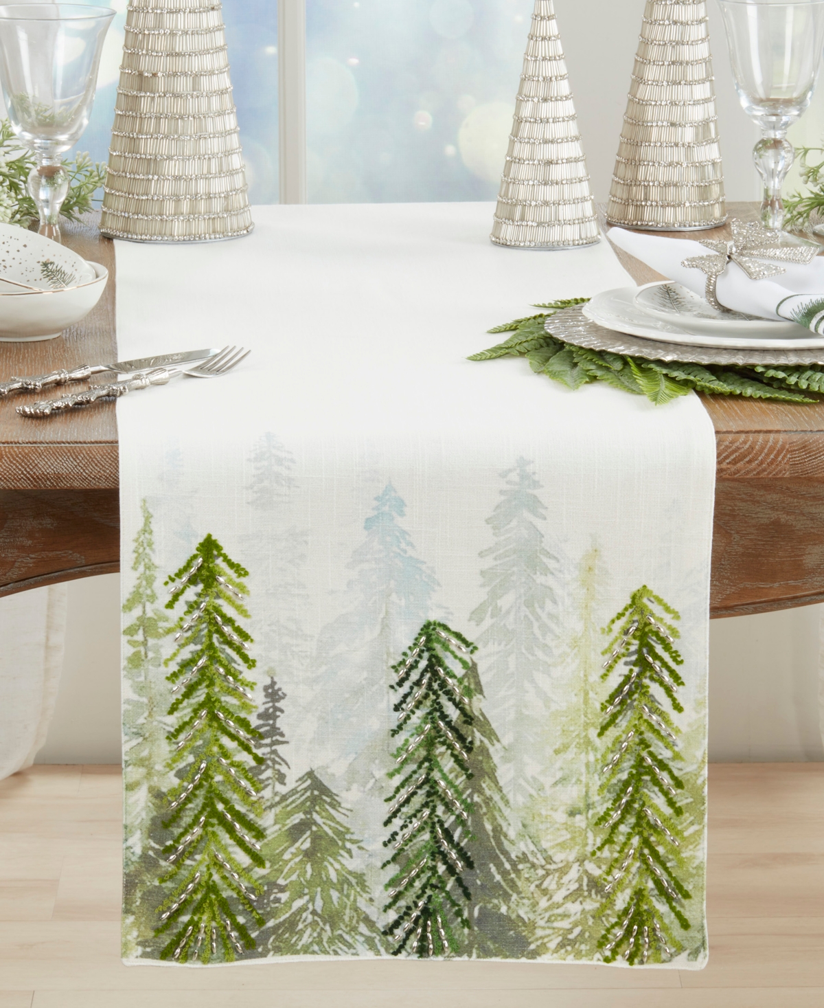 Saro Lifestyle Printed and Beaded Trees Table Runner, 16" x 72"