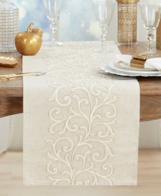 Linen Blend Embroidered Scroll Table Runner, 16" x 70"