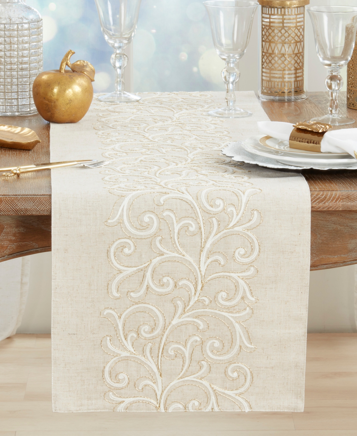 Saro Lifestyle Linen Blend Embroidered Scroll Table Runner, 16" x 70"