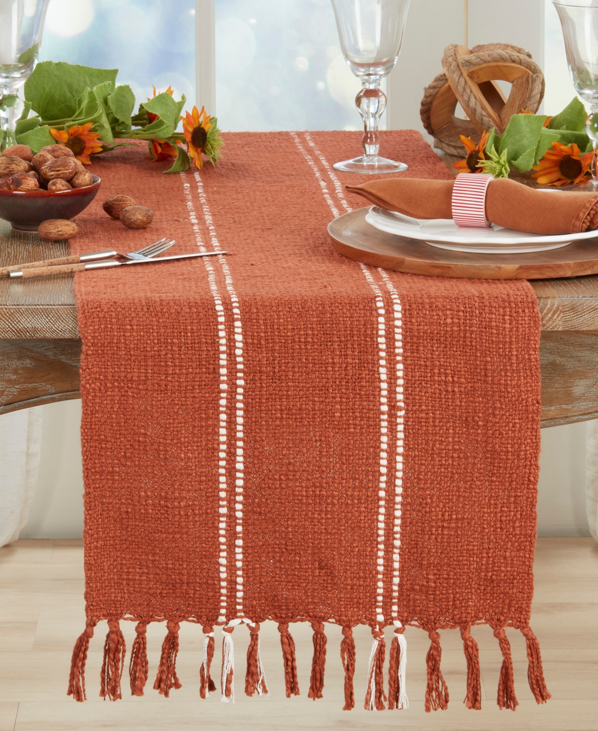 Saro Lifestyle Stitched Line Table Runner, 16" X 72" In Brown