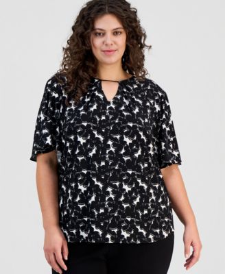 Anne Klein - Plus Size Printed Short-Sleeve Keyhole Top