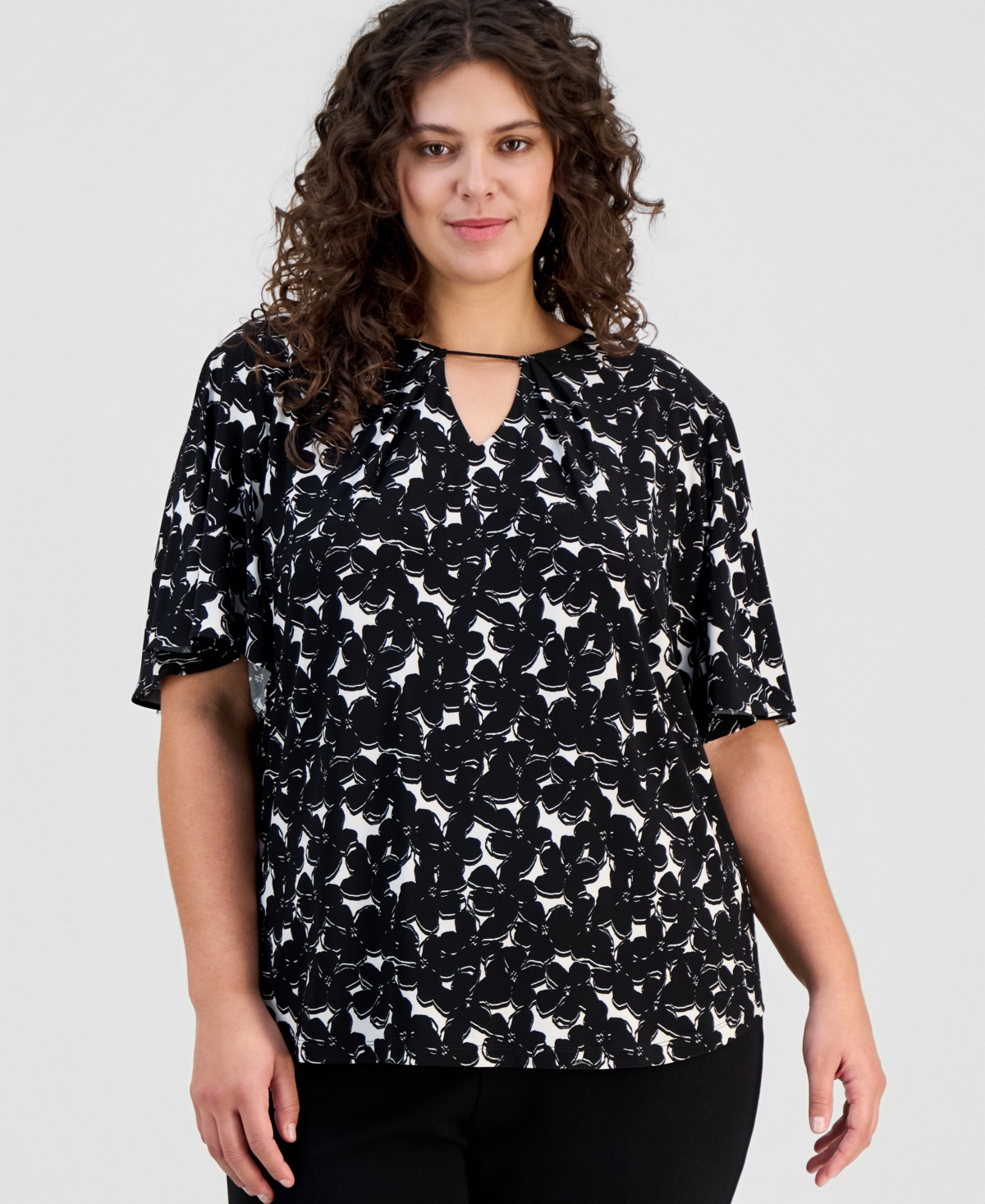 Anne Klein Plus Printed Short-Sleeve Keyhole Top