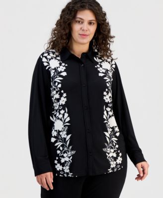 Plus Size Printed Long-Sleeve Blouse