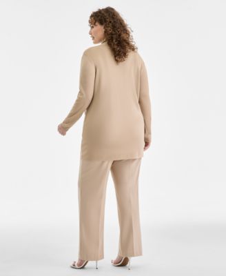 Plus Size Malibu Open-Front Cardigan, Printed Triple-Pleat V-Neck Blouse & Mid-Rise Pull-On Straight Pants