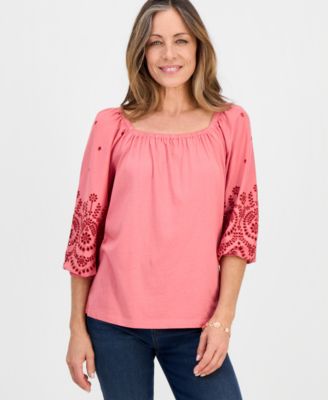 Petite Square-Neck Embroidered 3/4-Sleeve Blouse, Macy's Exclusive 