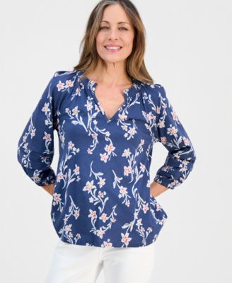 Petite Smock-Neck Floral-Print Blouse, Macy's Exclusive 