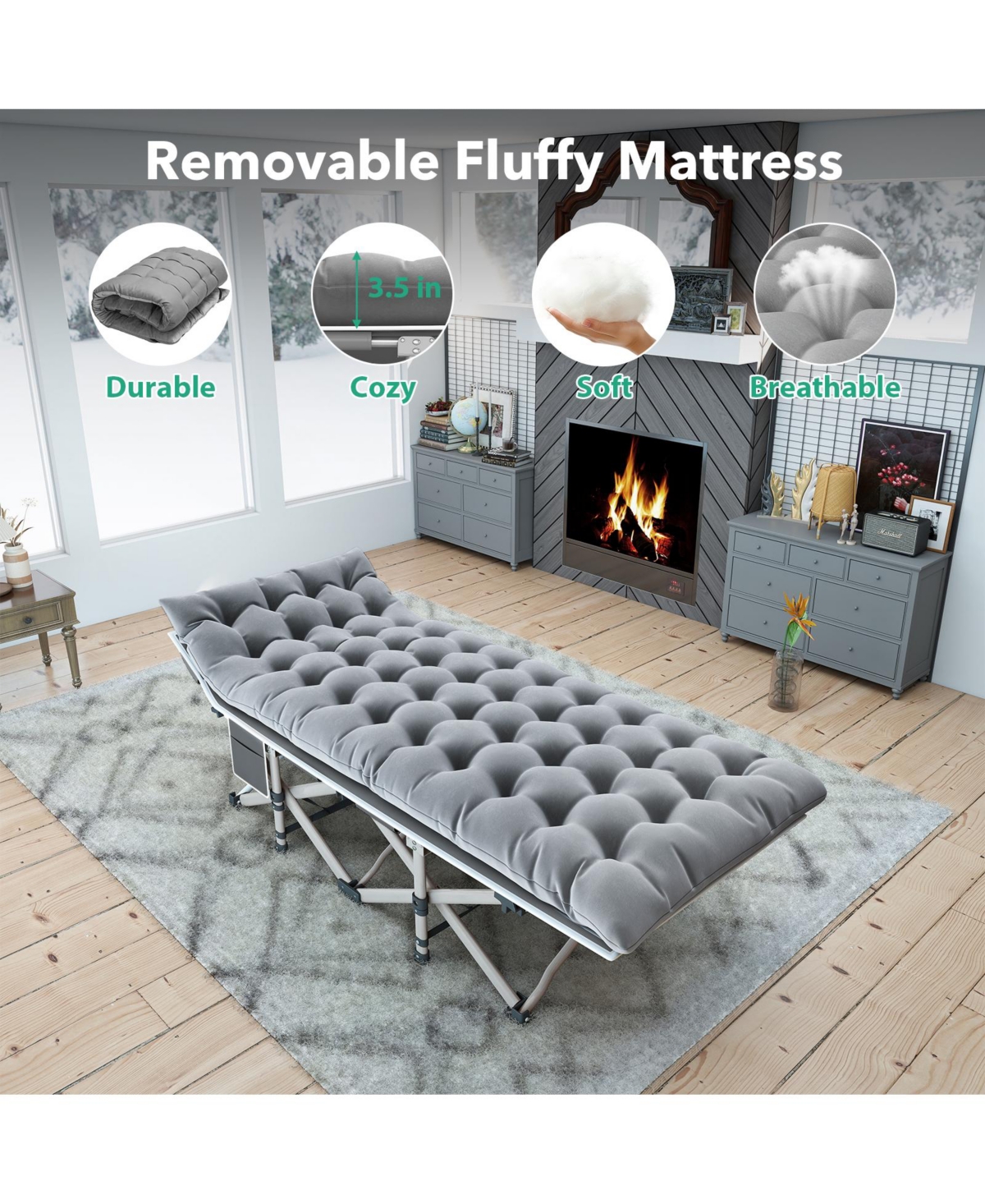 Folding Camping Cot with Removable Cotton Mattress for Office, Home and Beach, 450 lbs