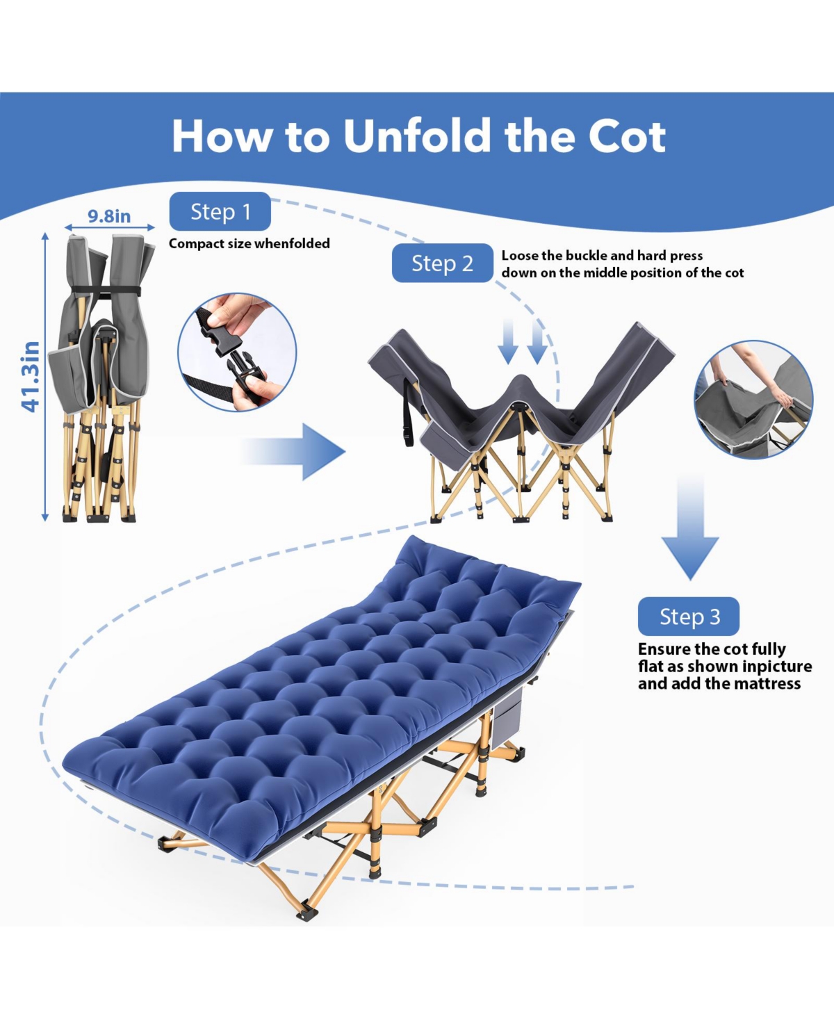 Folding Camping Cot with Removable Cotton Mattress for Office, Home and Beach, 450 lbs