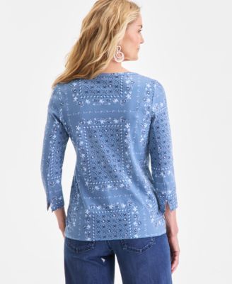 Women's Printed Pima Cotton 3/4 Sleeve Boat-Neck Top, Macy's Exclusive