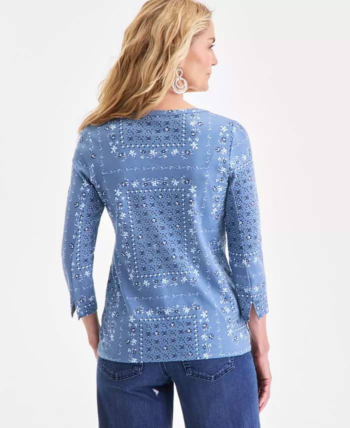 Women's Printed Pima Cotton 3/4 Sleeve Boat-Neck Top - thumbnail 4