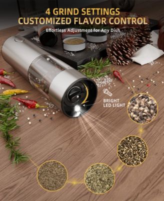 95-ml Rechargeable Electric Salt and Pepper Grinder Set – Stainless Steel Mills with LED Light and Adjustable Coarseness Charging Base
