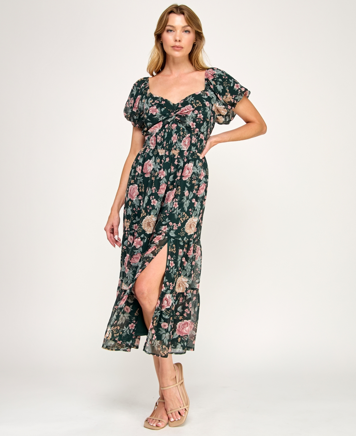 Trixxi Juniors' Puff Sleeve Twist Front Midi Dress