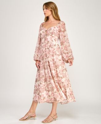 Juniors' Long-Sleeve Tie Front Midi Dress