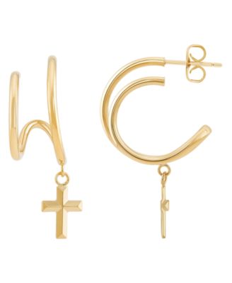 Polished Dangle Cross with Double Illusion Tube Hoop Earrings in 14k Yellow Gold