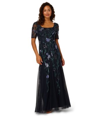Adrianna Papell - Petite Beaded Square Neck Long Dress
