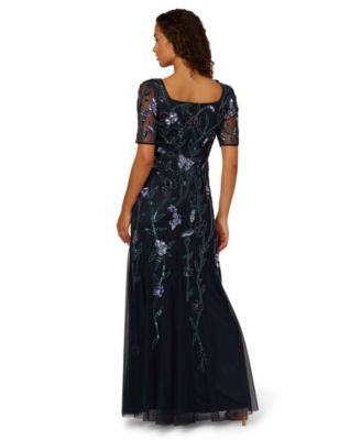 Women's Petite Beaded Square Neck Long Dress