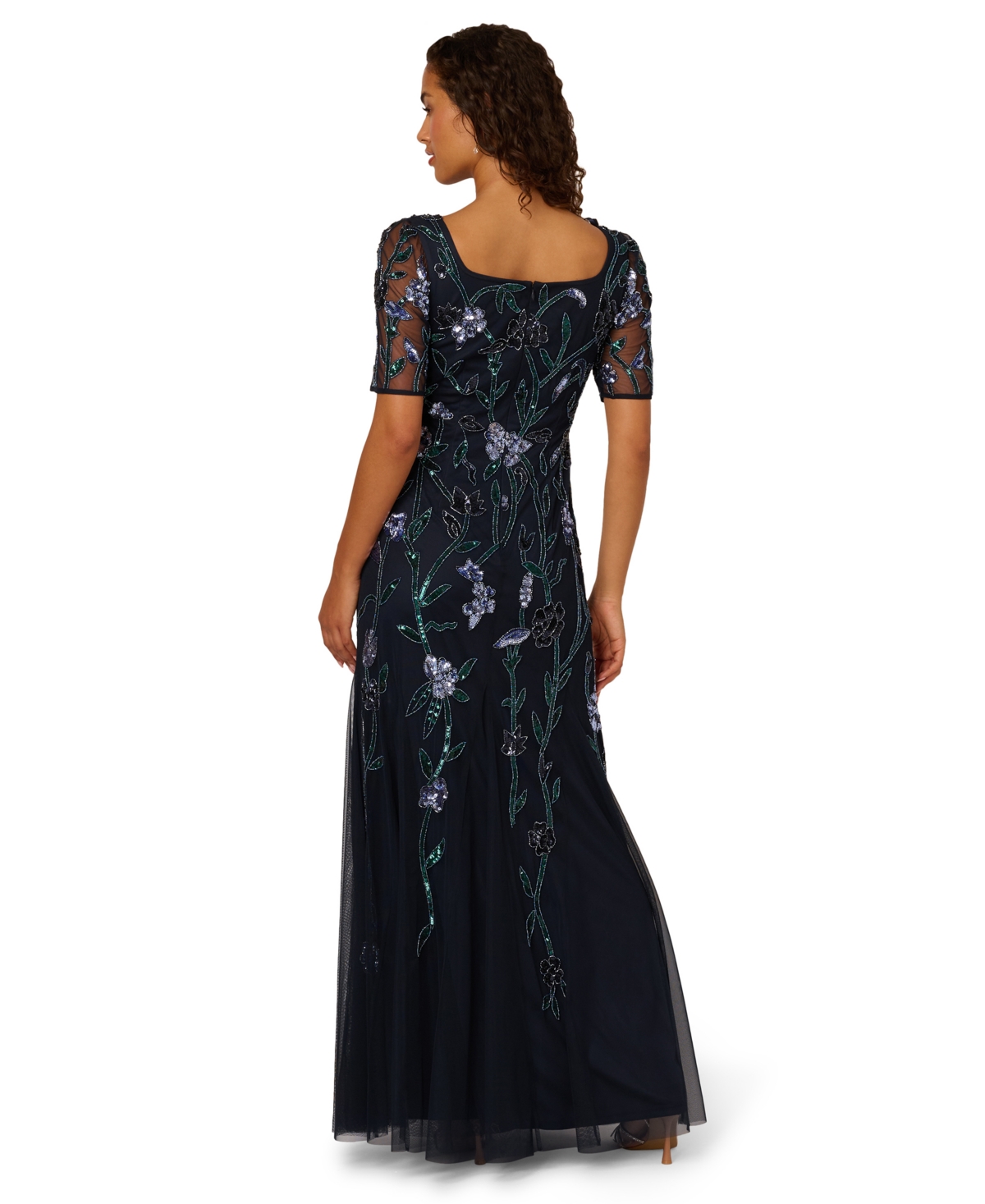 Adrianna Papell Petite Beaded Square Neck Long Dress