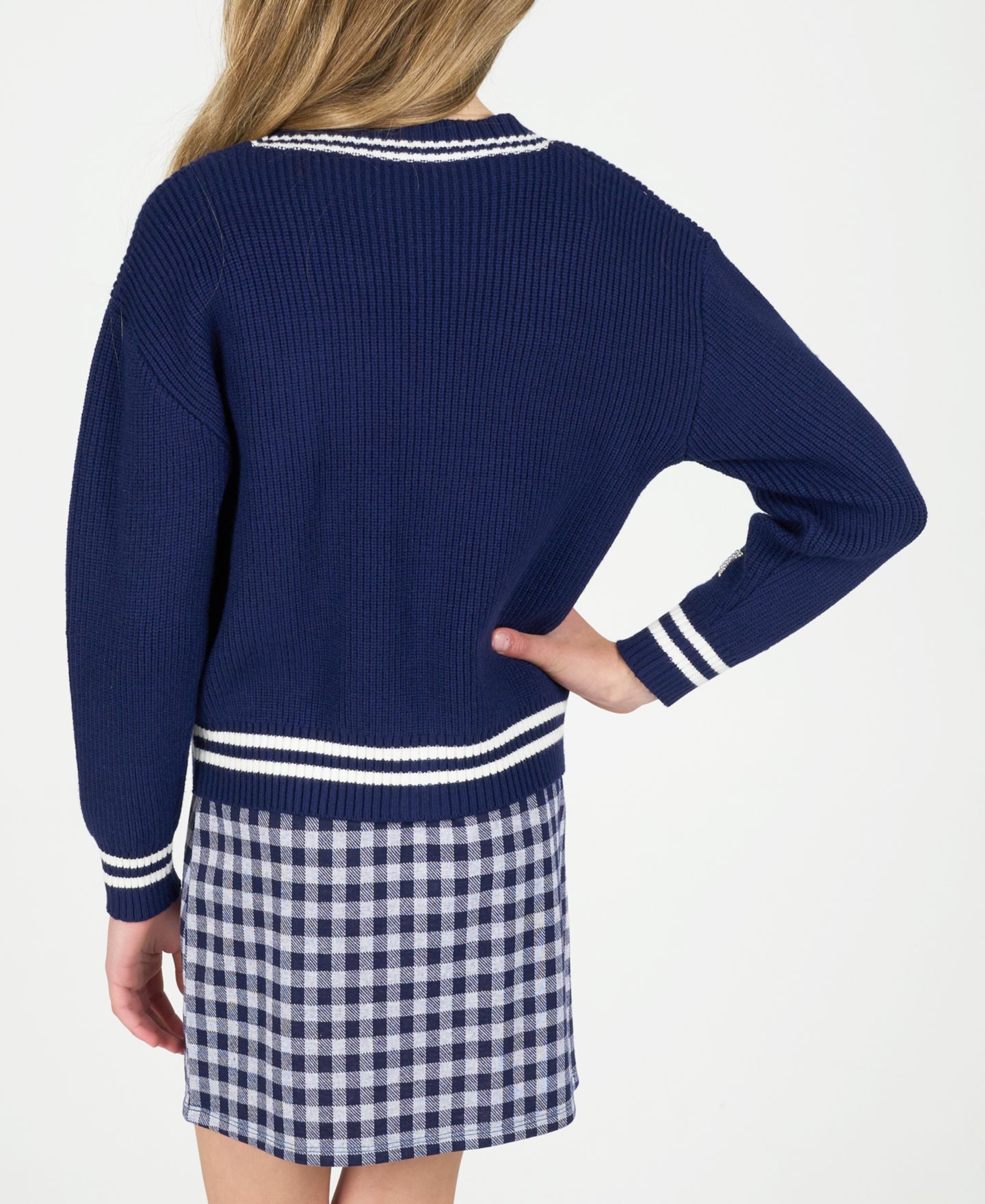 Кардиганы Rare Editions Varsity Cardigan with Gingham Dress, 2-Piece Set для девочек, цвет: Тёмно-синий — фото 4