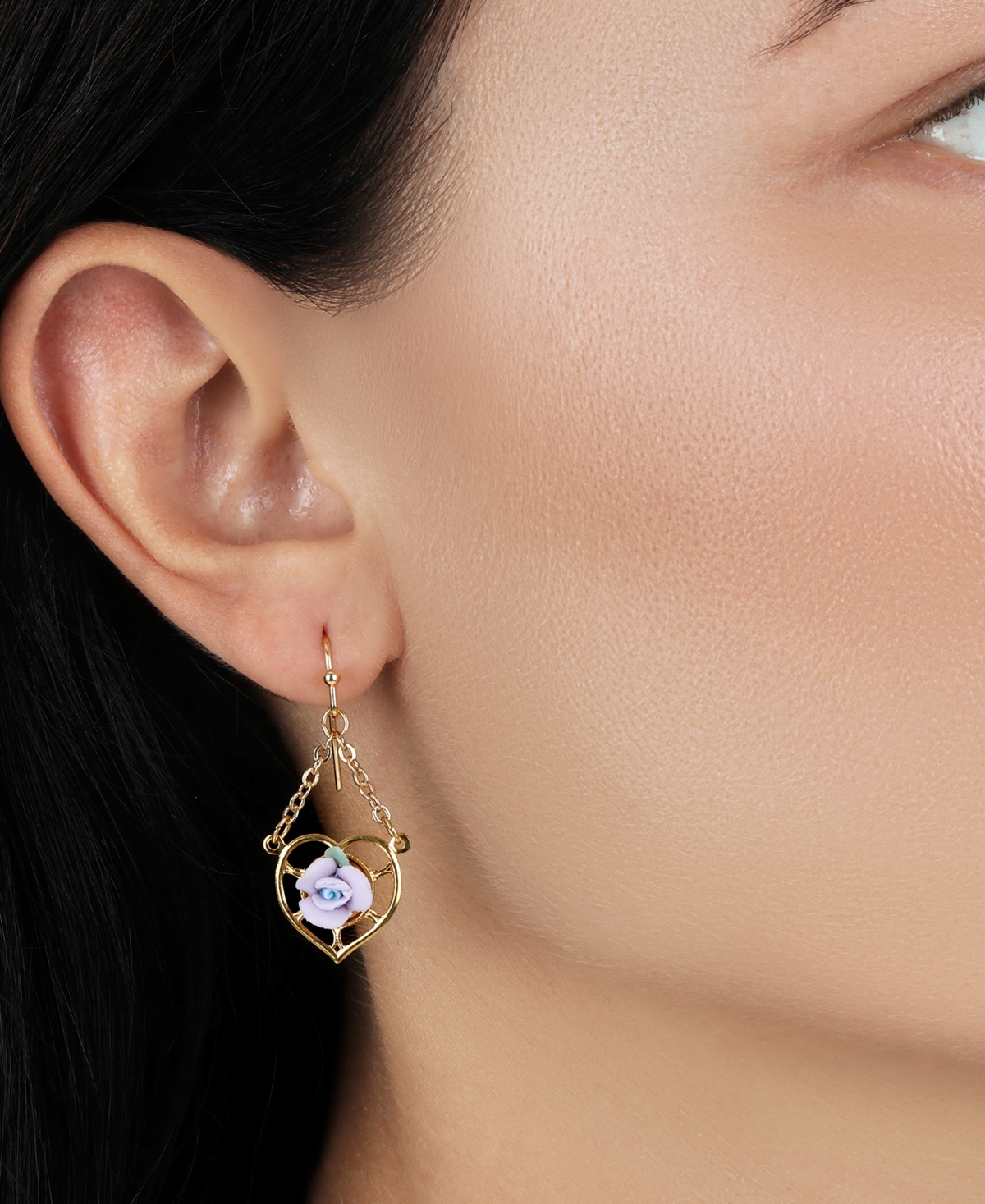 2028 Gold Tone Heart Porcelain Rose Earrings In Purple
