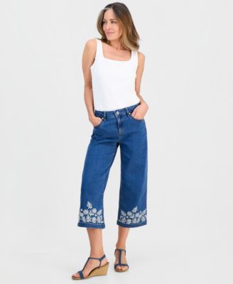 Style & Co - Petite High-Rise Embroidered Wide-Leg Jeans