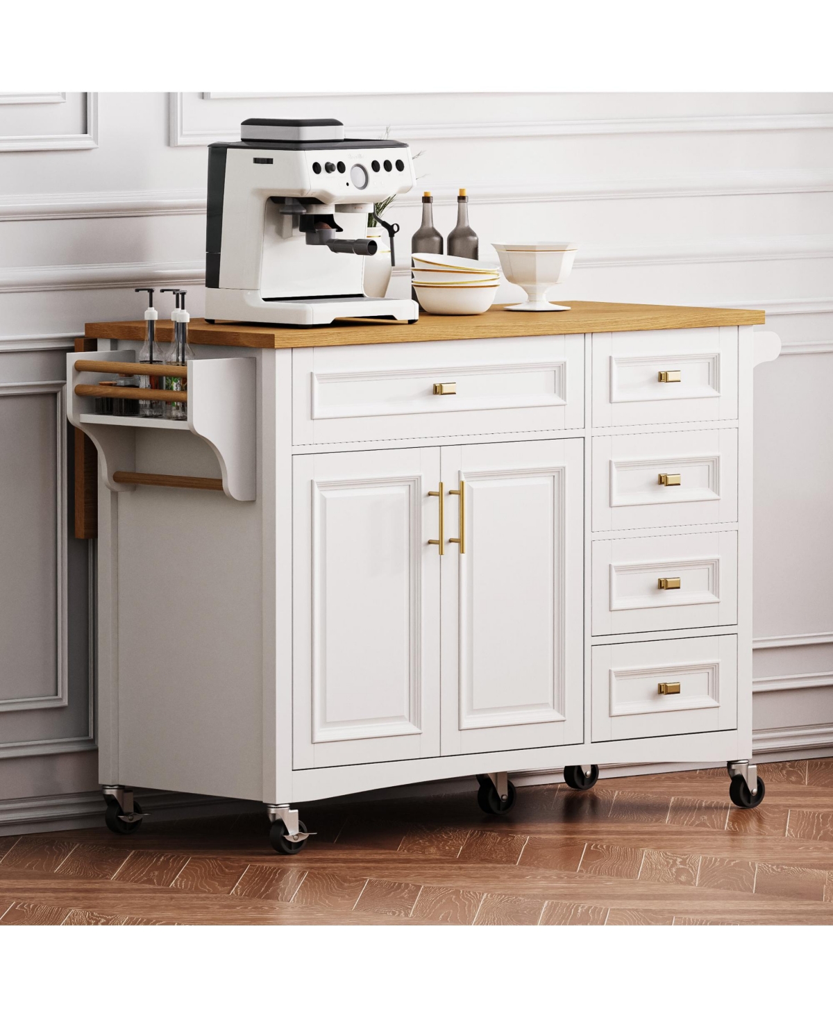 Casainc 52" Rolling Kitchen Island with Drop Leaf, Spice Rack, Towel Rack, 2 Doors, 5 Drawers, Adjustable Shelf (No Stools)