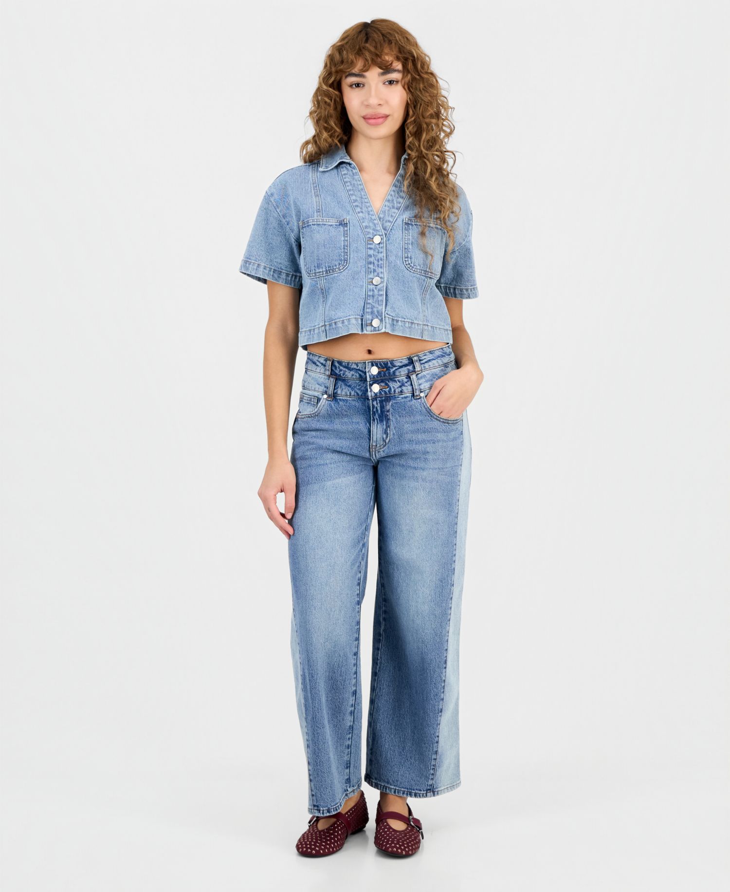Petite High-Rise Wide-Leg Two-Tone Jeans
