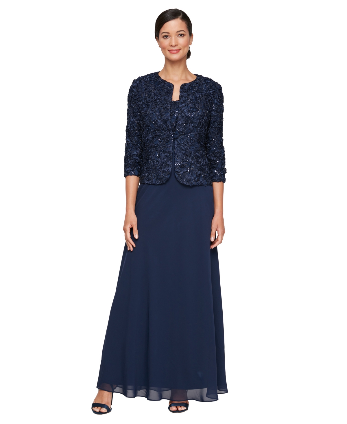 Alex Evenings Women's Empire Waist Long Open Soutache Jacket Dress In Blue