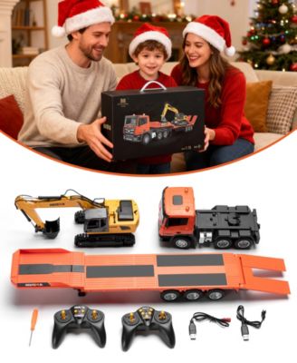 1:24 RC Semi Truck and Excavator Set, 9-Channel Remote Control Construction Vehicles, Detachable Trailer, Dual 2.4GHz Controllers, Gift for Kids 8+
