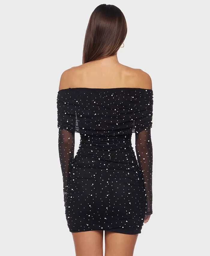 Juniors Off-the-Shoulder Short Dress with Long Sleeves and Pearl Detail - thumbnail 2