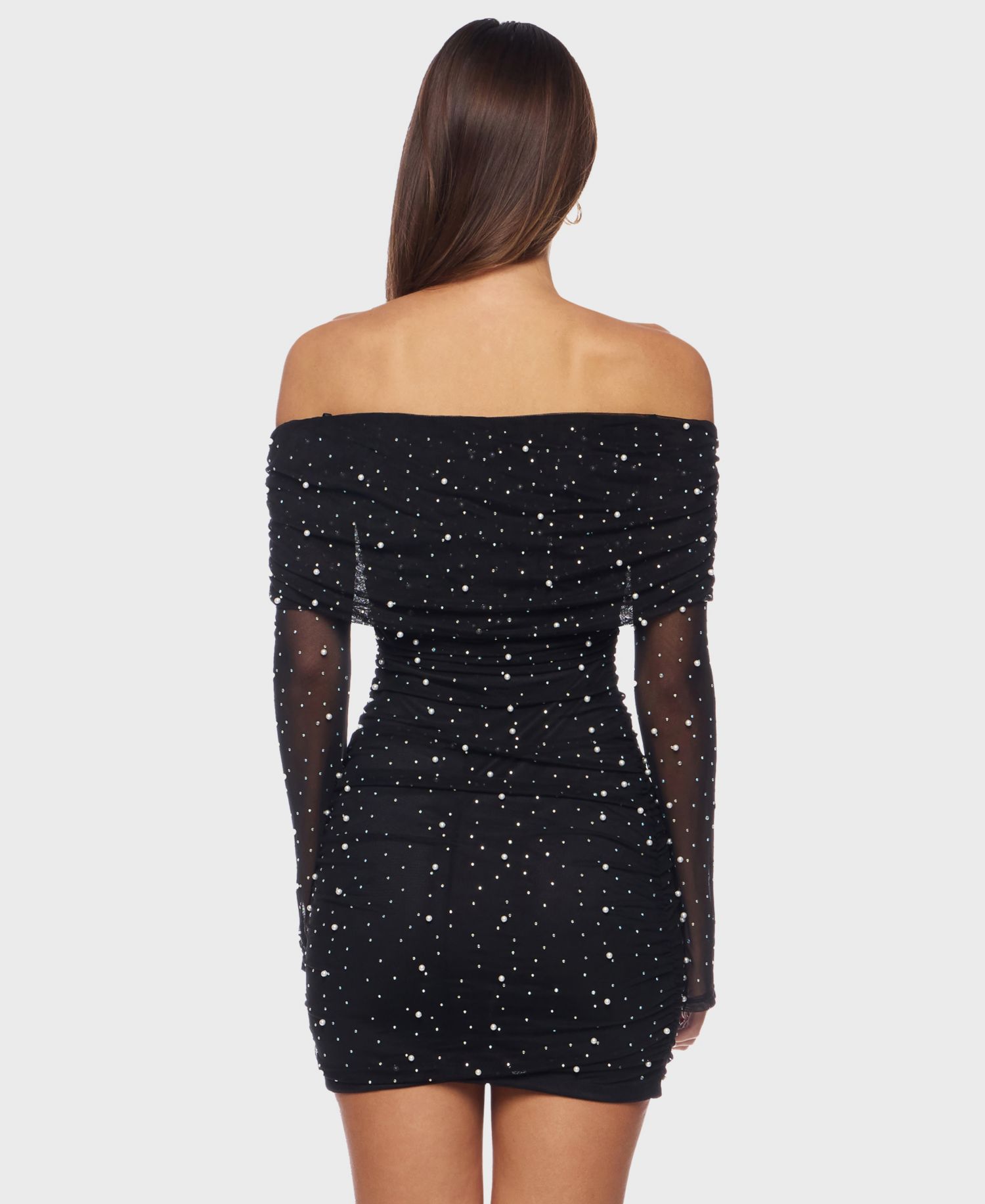 Juniors Off-the-Shoulder Short Dress with Long Sleeves and Pearl Detail