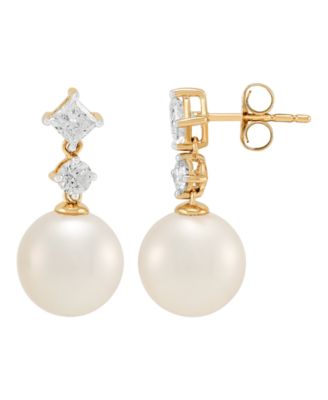 White Ming Cultivated Pearl (9-10mm) and Lab Grown Diamond Earrings (3/4 ct. t.w.) in 10k Yellow Gold