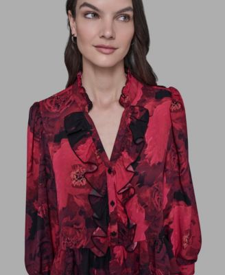 Women's V-Neck Floral Print Ruffle Detail Top