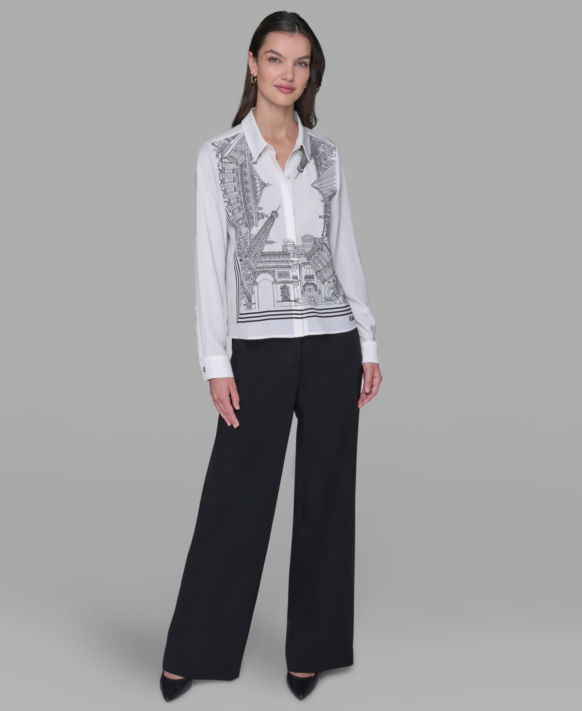 Karl Lagerfeld Women's Placed Print Button Down Top In White