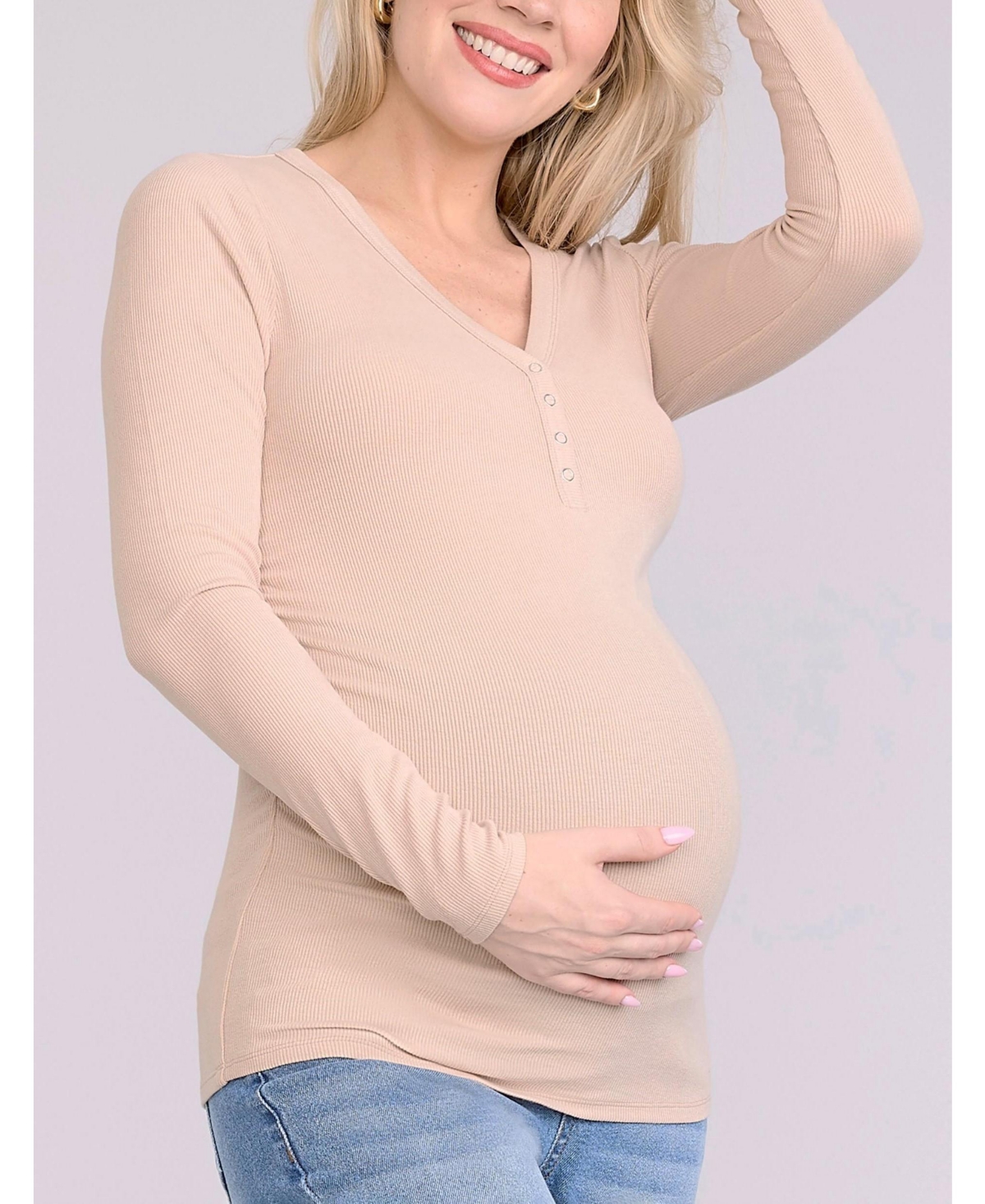 Motherhood Maternity V-Neck Side-Ruched Long Sleeve Henley Tee