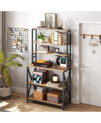 64.5"H 6-Tier Metal & Particleboard Wine Rack, 10 Hooks, Power Outlets, Adjustable Feet Rustic Baker s Rack