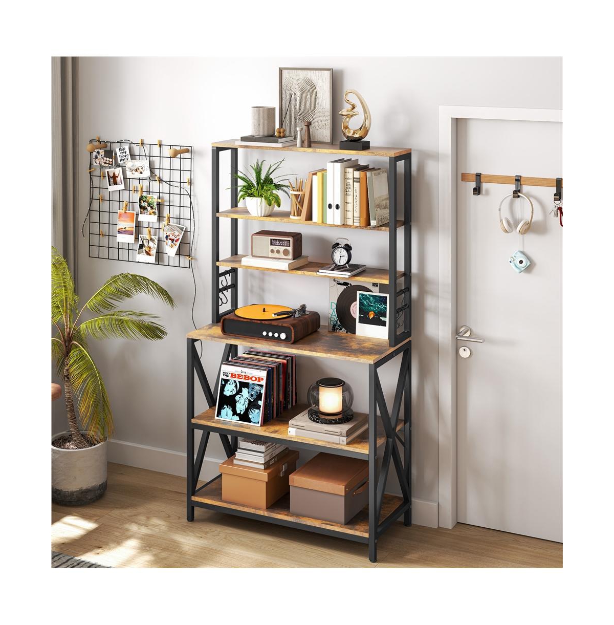 Yaheetech 64.5"H 6-Tier Metal & Particleboard Wine Rack, 10 Hooks, Power Outlets, Adjustable Feet Rustic Baker s Rack
