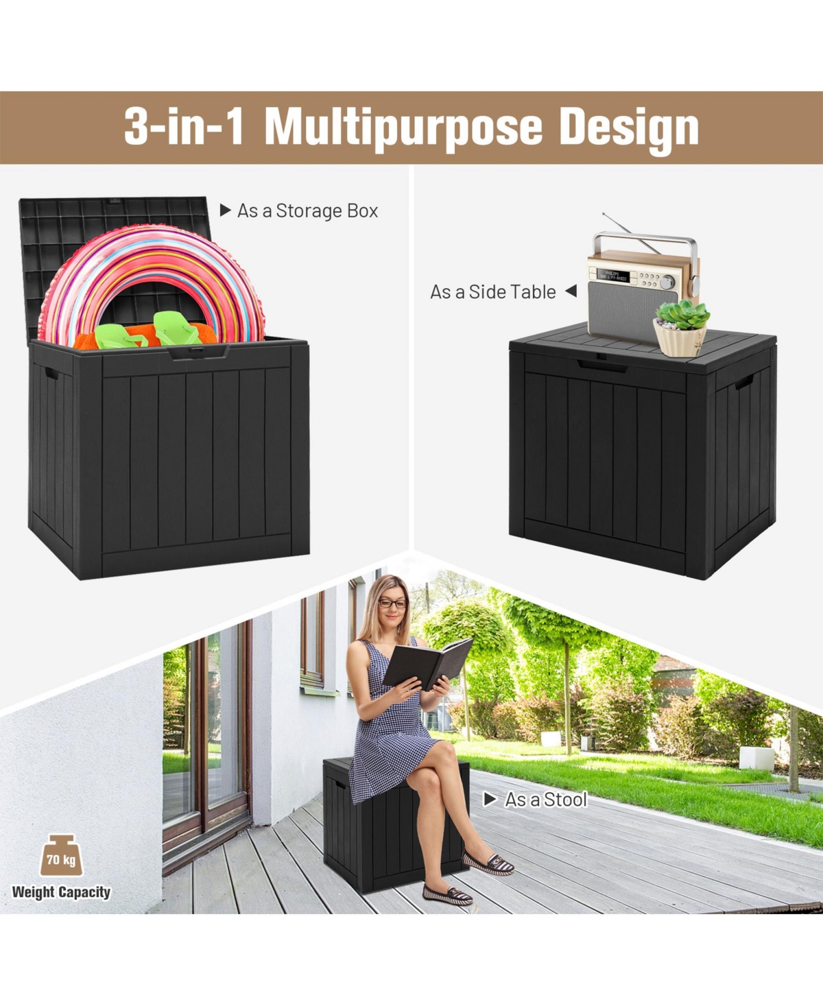 Sugift 30 Gallon Deck Box Storage Container Seating Tools-Black