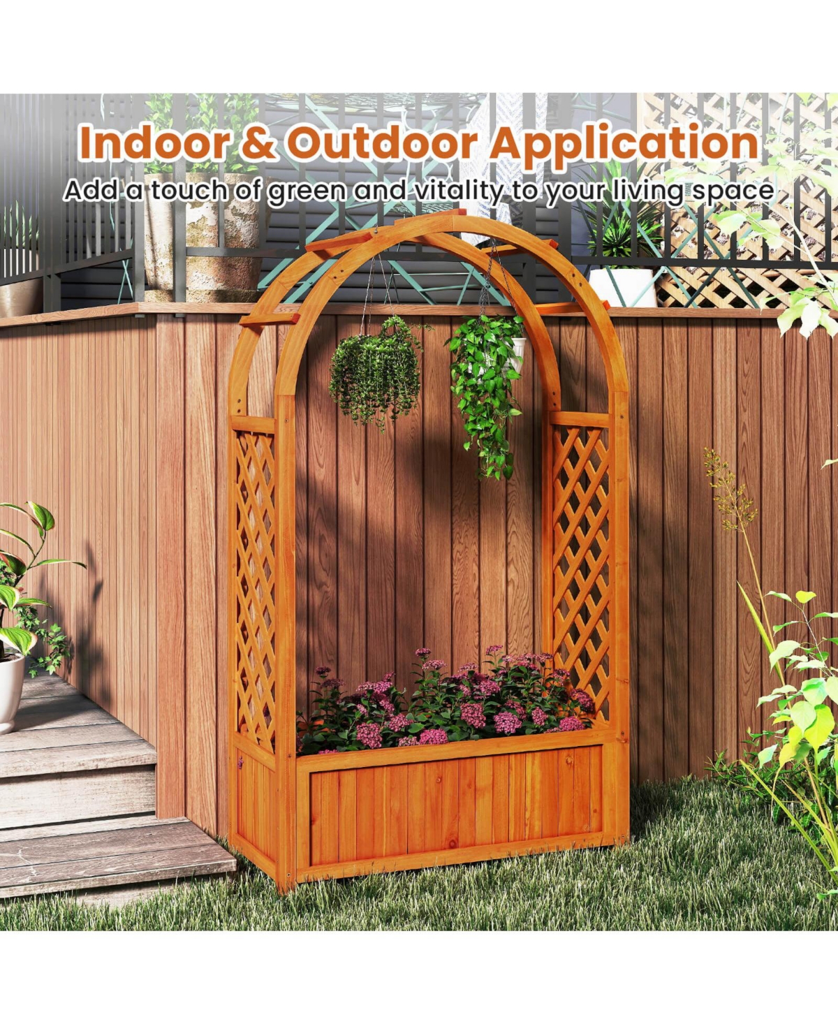 Costway Raised Garden Bed Wooden Elevated Planter Box with Lattice Trellis & Ached Roof