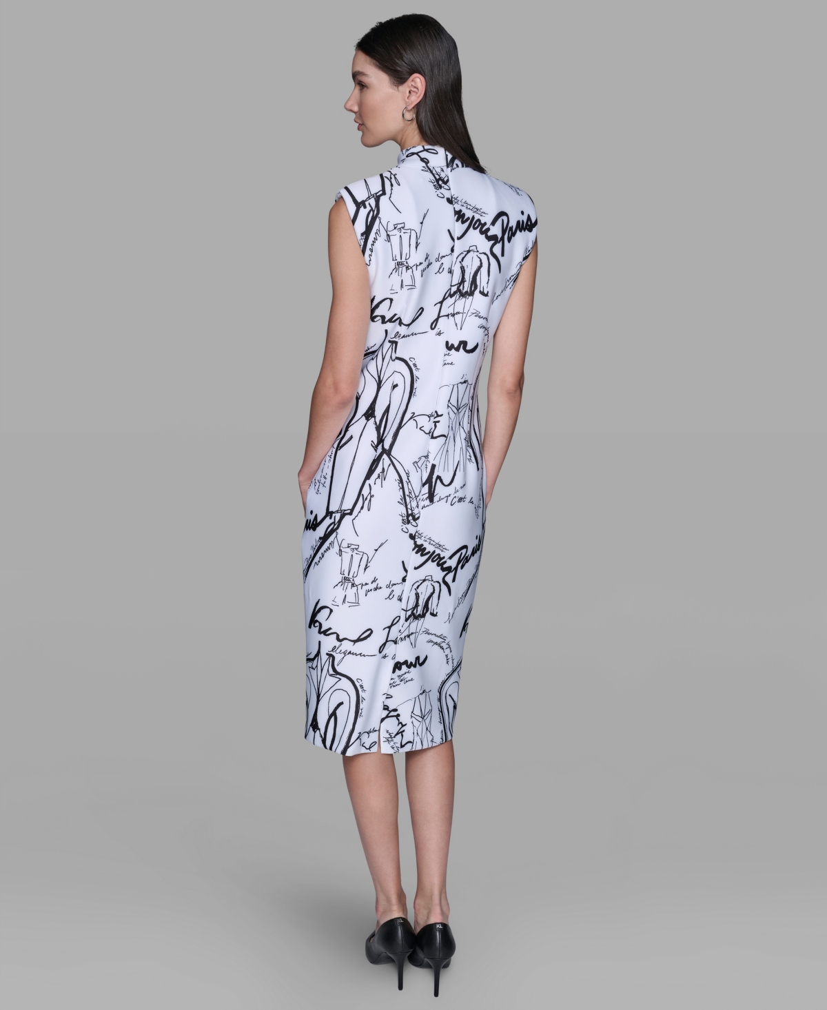 Karl Lagerfeld Women's Printed Paris Print Mock Neck Scuba Sheath Dress In White