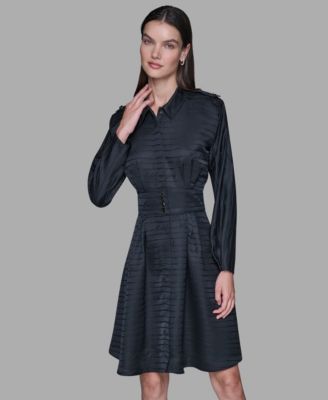 Women's Tonal Long Sleeve Collared Jacquard Dress