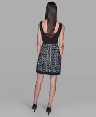 Women's Contrast Tweed and Knit Button Front A Line Dress