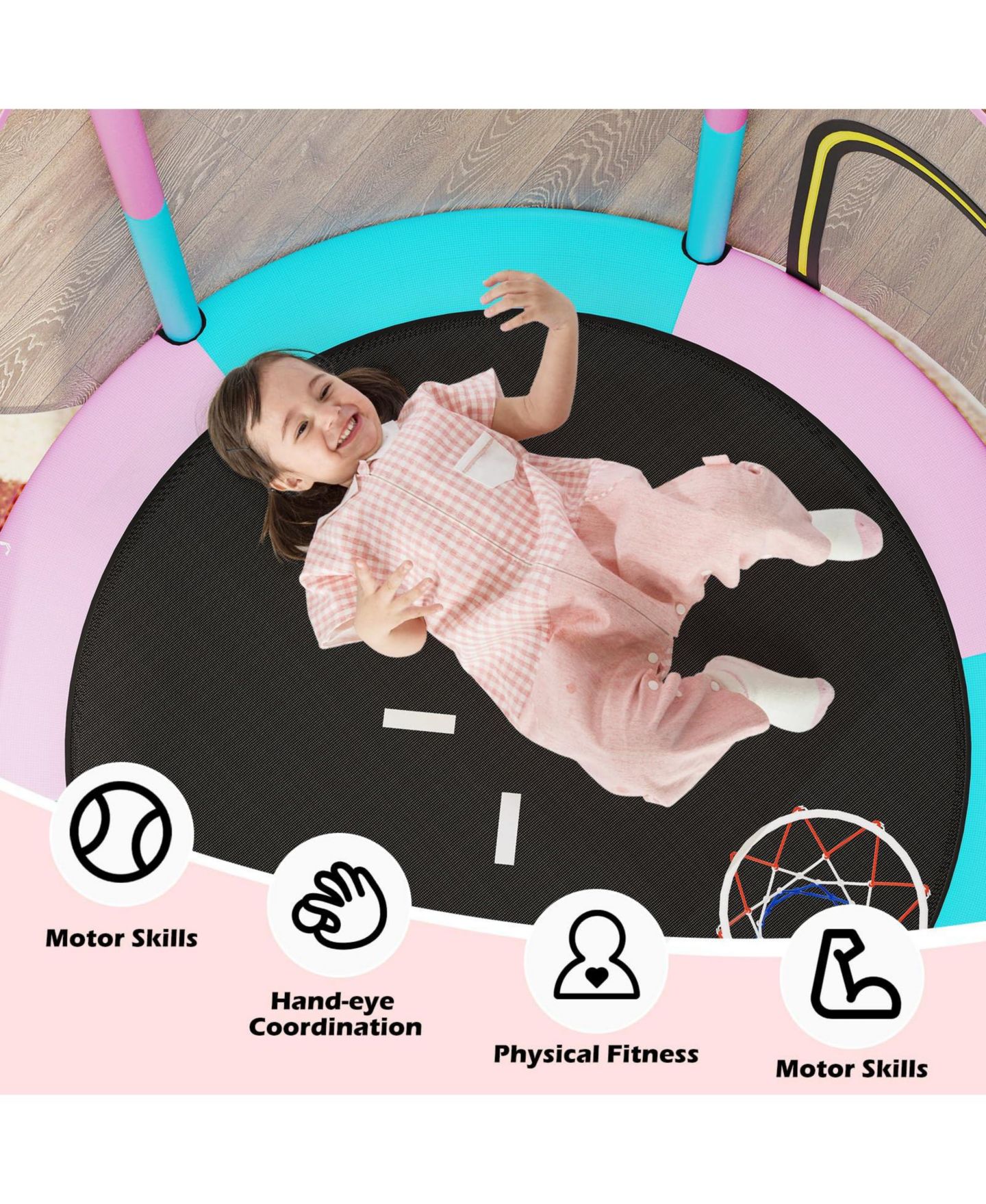 Детская игрушка Mecale 60-Inch 3-in-1 Kids Trampoline with Basketball Hoop, Ages 3-6, цвет: Розовый — фото 7