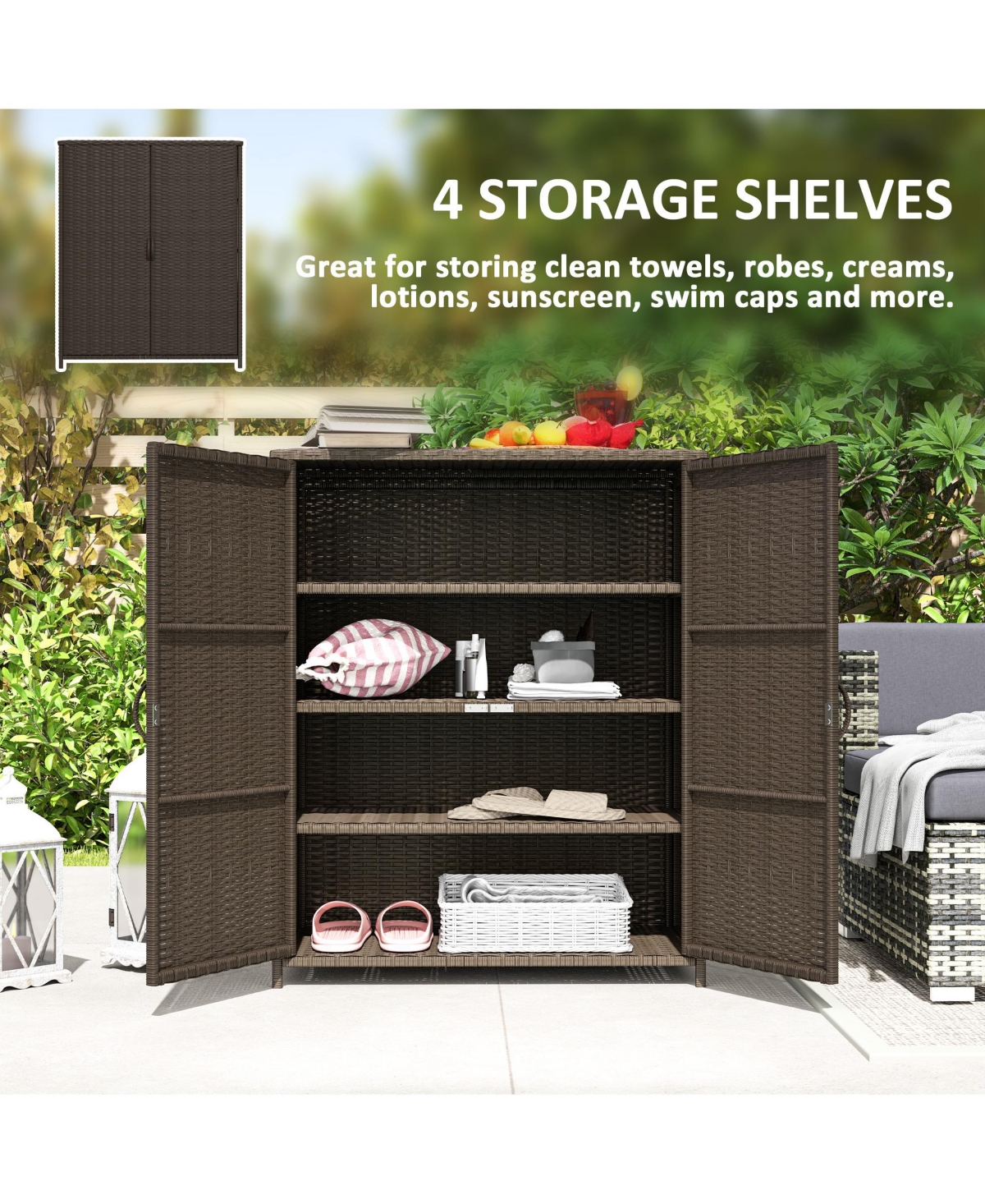 Outsunny Wicker Outdoor Storage Cabinet with Shelves, 2 Doors, Dark