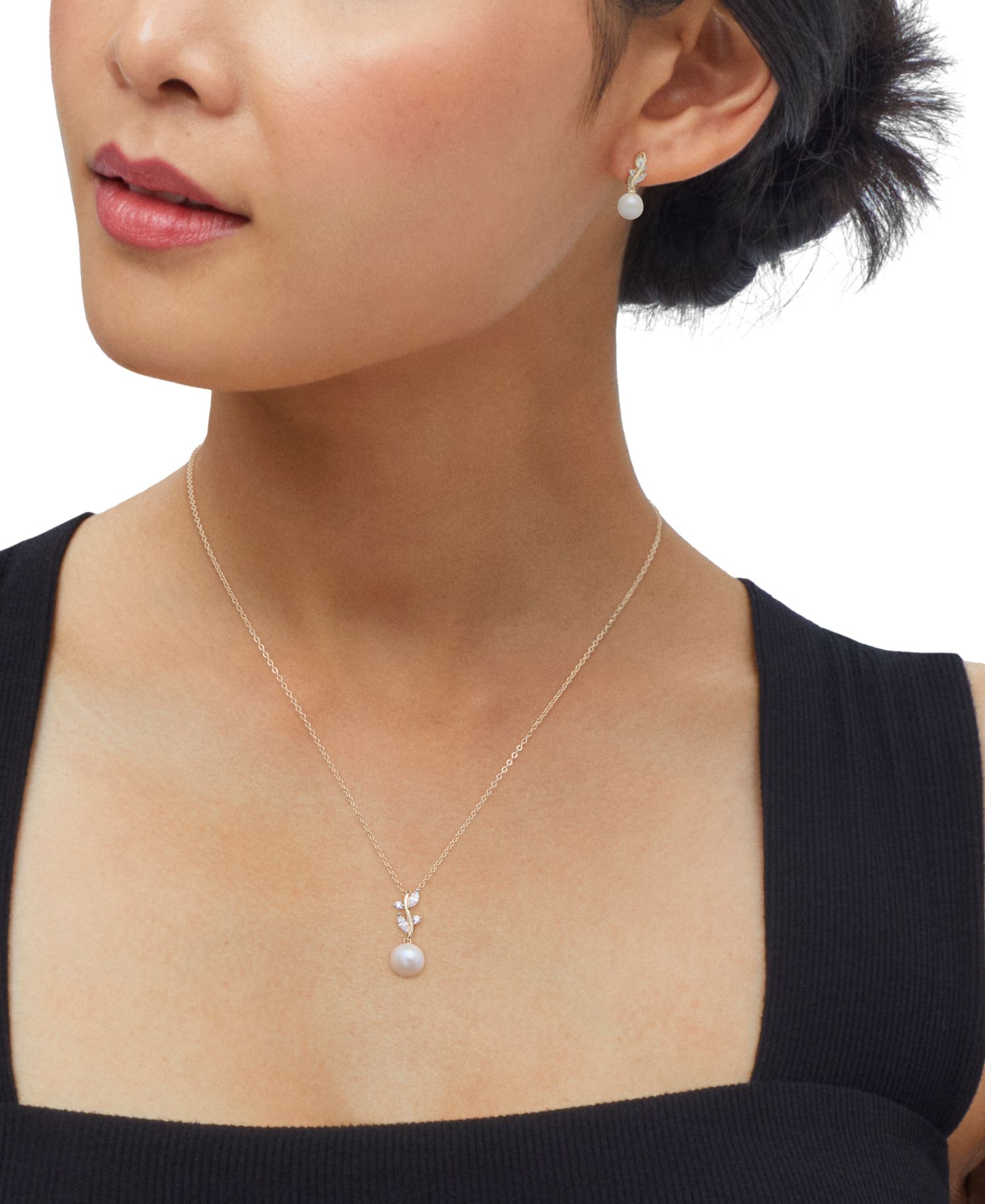 2-Pc. Cultured Freshwater Pearl (7-8mm) & White Cubic Zirconia Drop Earrings and Pendant Necklace Set in 14k Yellow Gold Over Sterling Silver